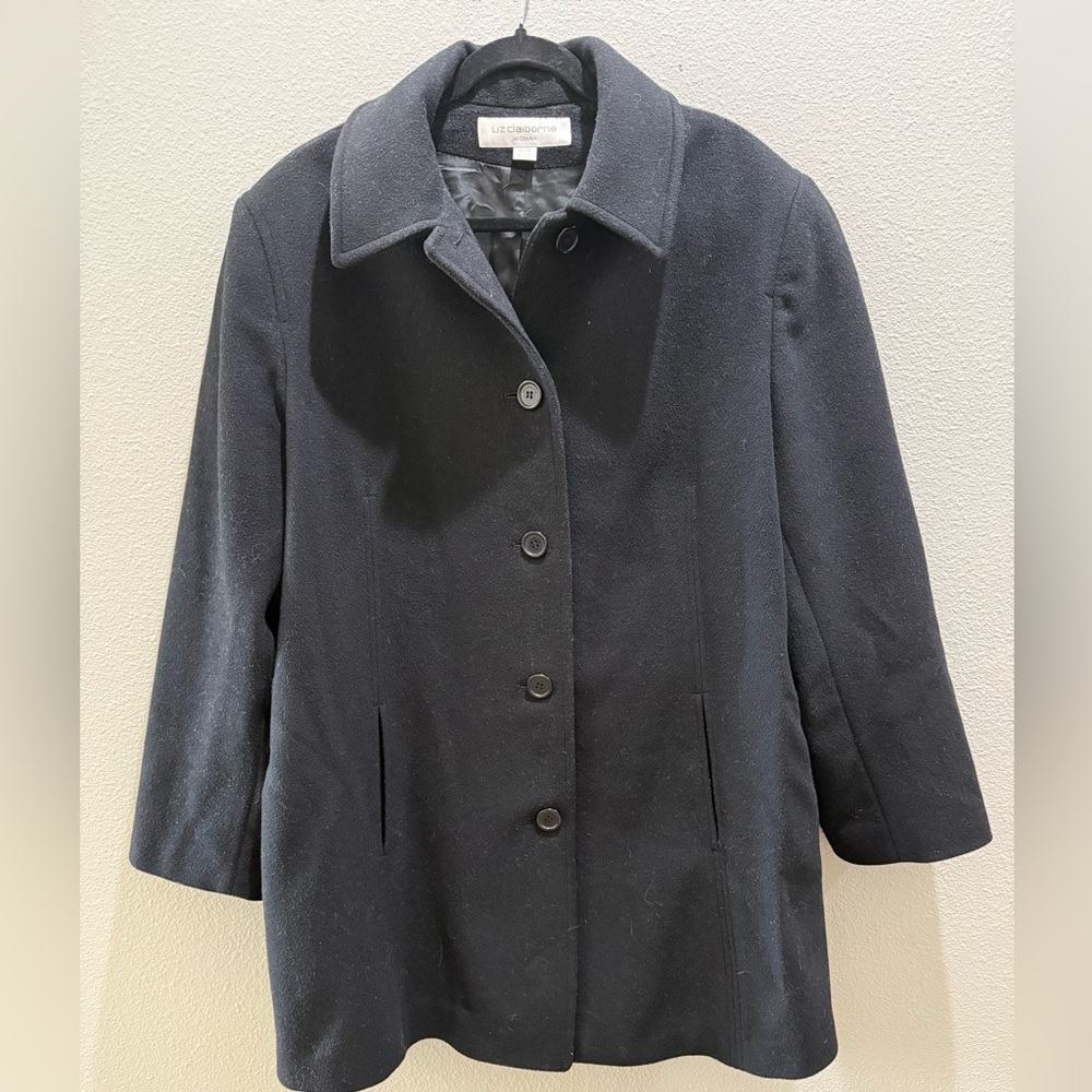 Liz Claiborne Black Wool Blend Button Front Peacoat Women’s